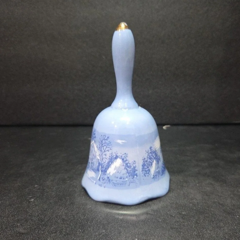 Currier & Ives The Old Homestead Dinner Bell, Vintage Winter Blue Ceramic Accent